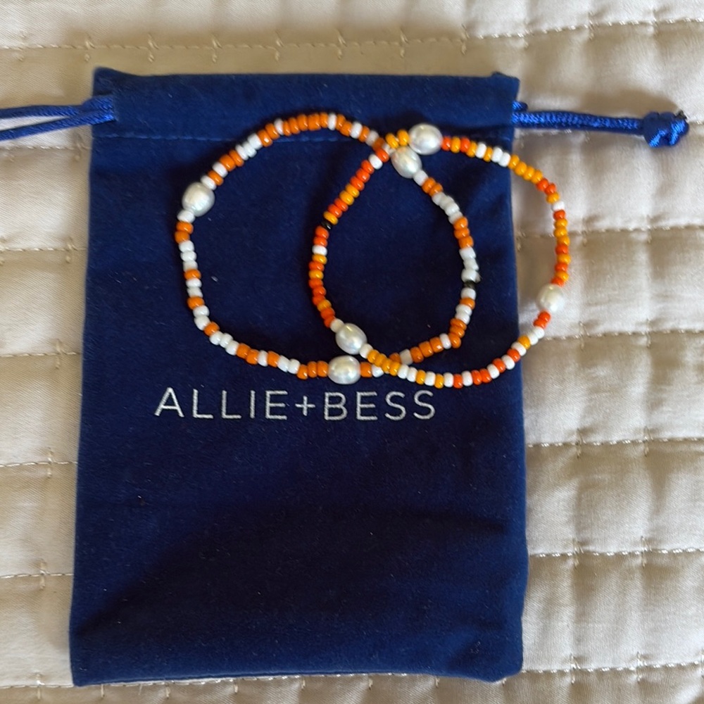 Allie+Bess Orange and White Pearl Beaded Bracelet Set